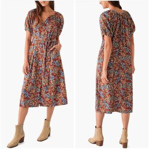 Faherty Carmel Linen Dress L Red Desert Blossom Floral Midi Boho Summer